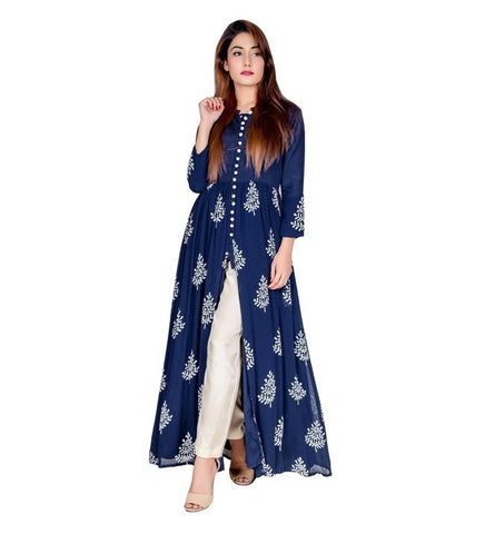 Buy Joy Fashion Nayra Cut Kurti Women and Girl's Rayon Printed Single  Fesival | Attractive Trending Design Side Cut Blue Kurta at Amazon.in